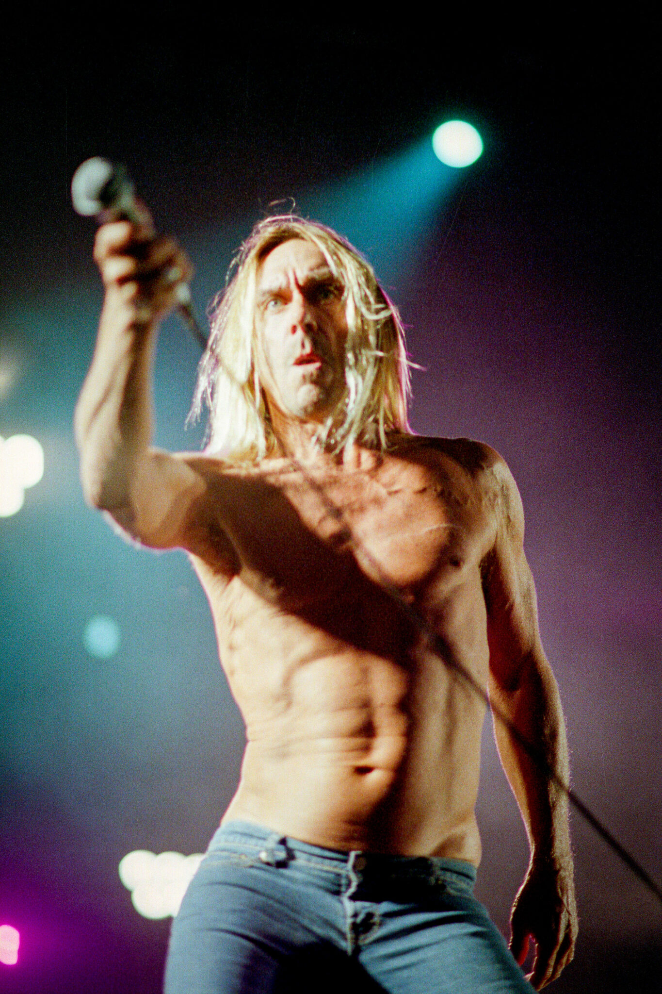 Gros plan sur les mains d'Iggy Pop agrippées aux câbles du micro comme une liane.