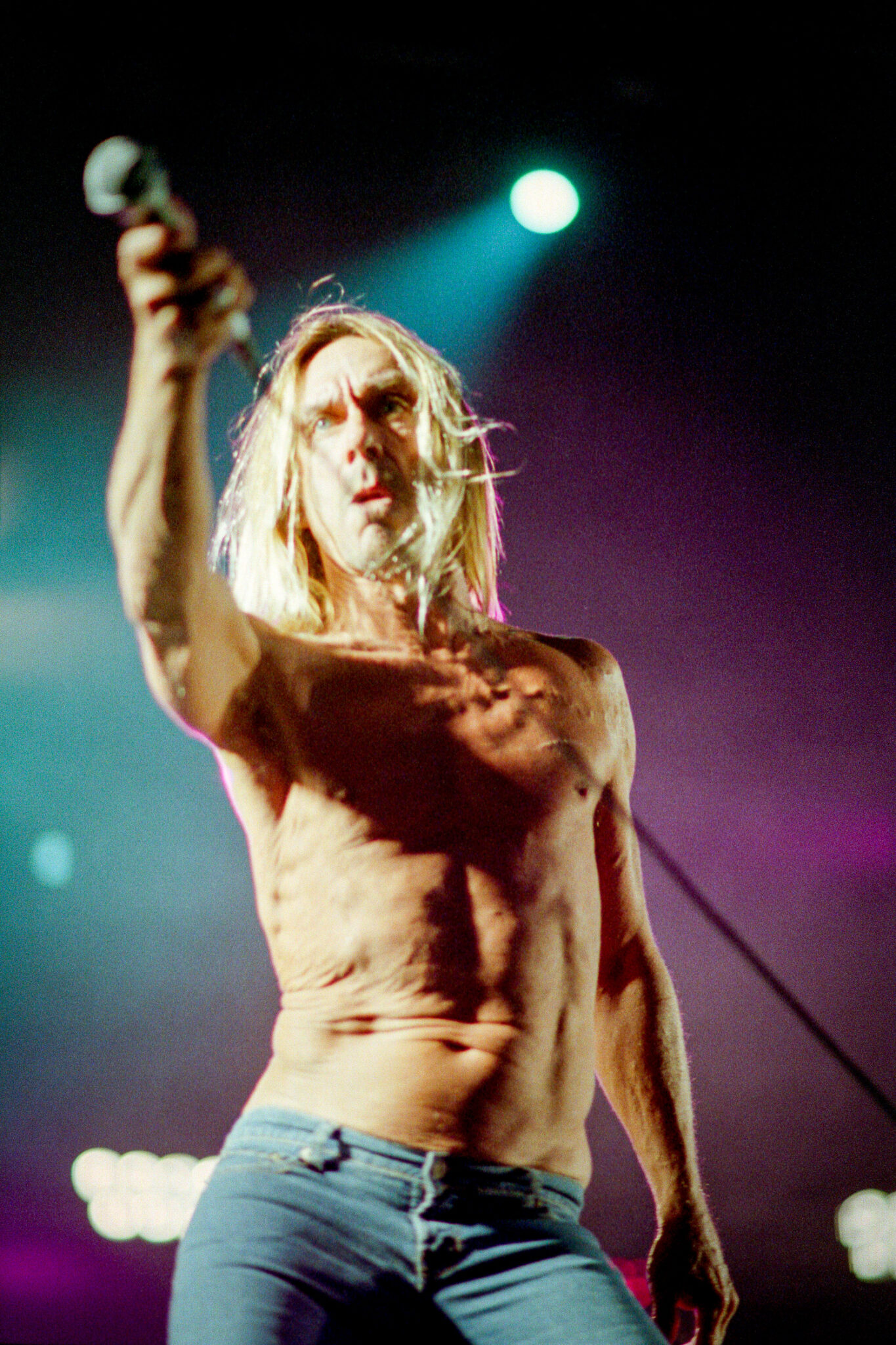 Portrait serré d'Iggy Pop en sueur, visage marqué par l'énergie du live.
